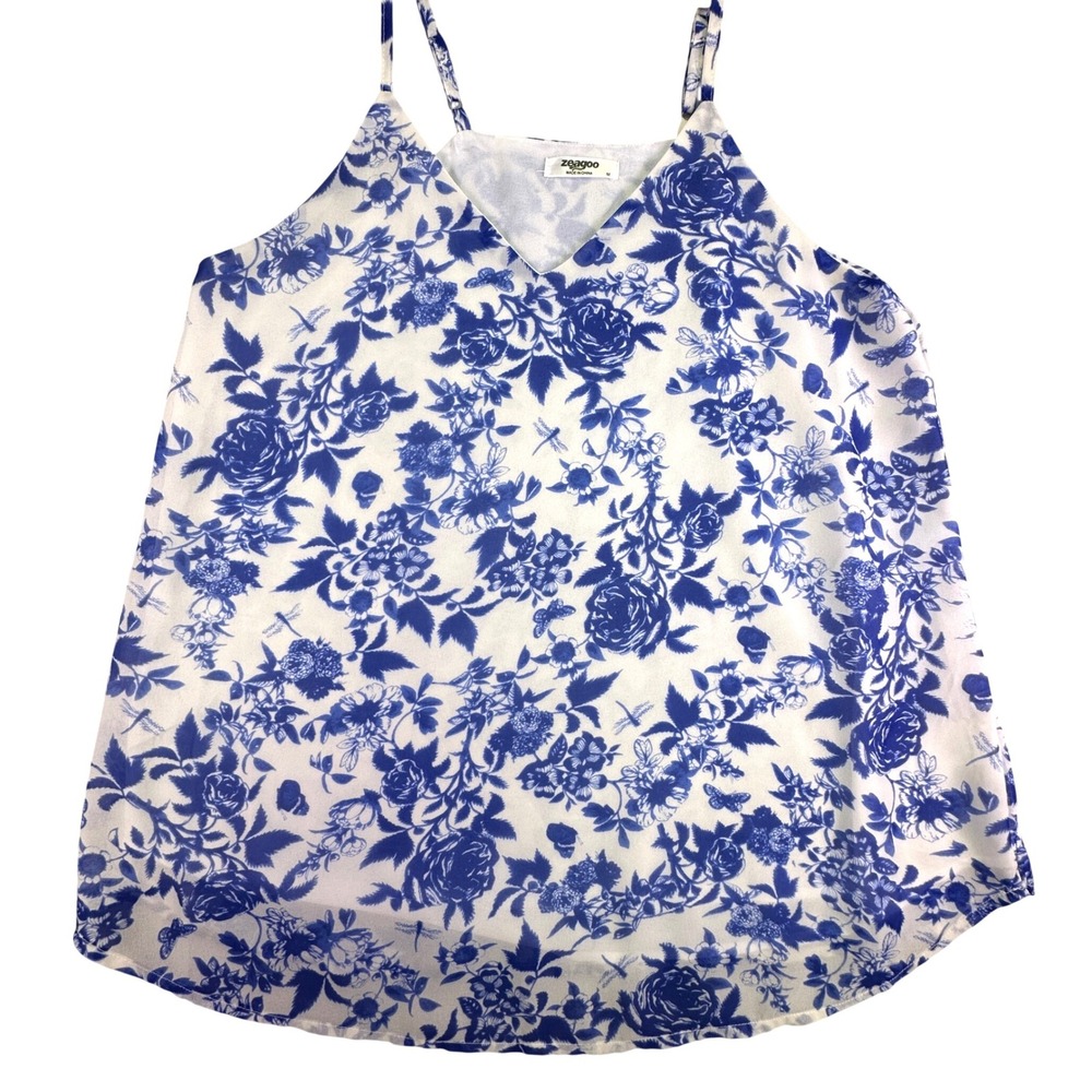 Zeagoo Shirt Women's Medium Blue White Floral Toile Chiffon Camisole Cami Tank